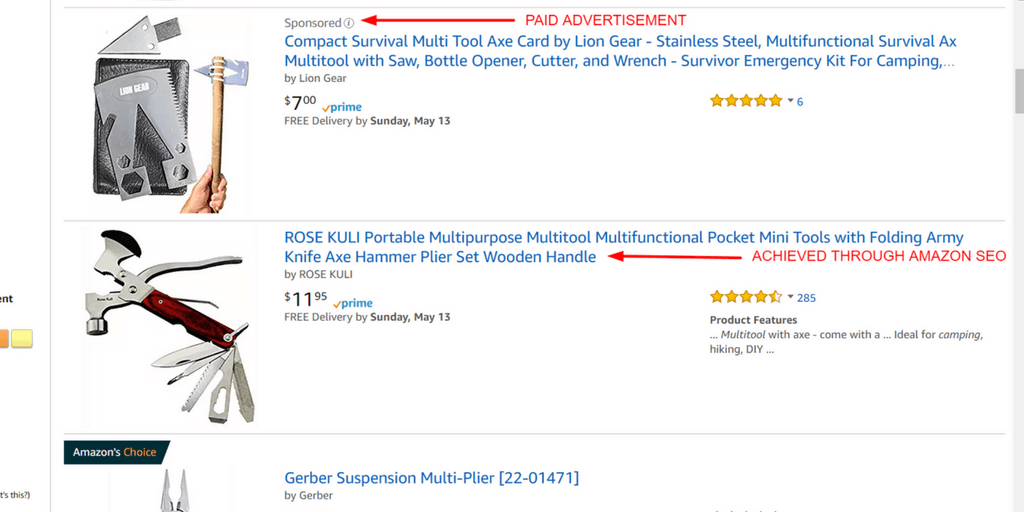 Amazon SEO - These are the top 2 search results on Amazon for Camping MultiTool.